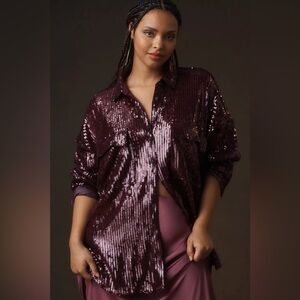 Anthropologie Pilcro Sequin Buttondown Shirt in Oxblood Size L